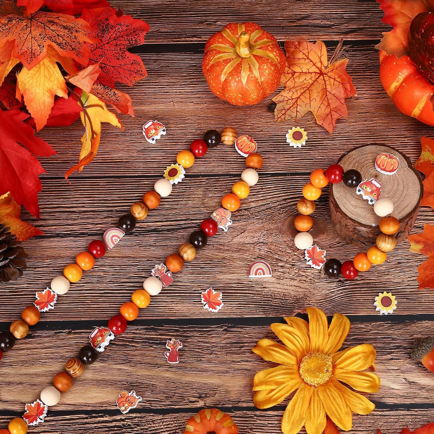 245 Pieces Fall Wooden Beads Rustic Farmhouse Craft Beads Autumn Maple Leaves Pumpkins Flower Shape Spacer Beads Natural Round Beads for Thanksgiving DIY Craft Making Bracelet Necklace Decor.