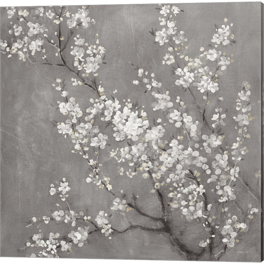 White Cherry Blossoms on Grey Crop by Danhui Nai 14" x 14" Canvas Wall Art (Set of 2)