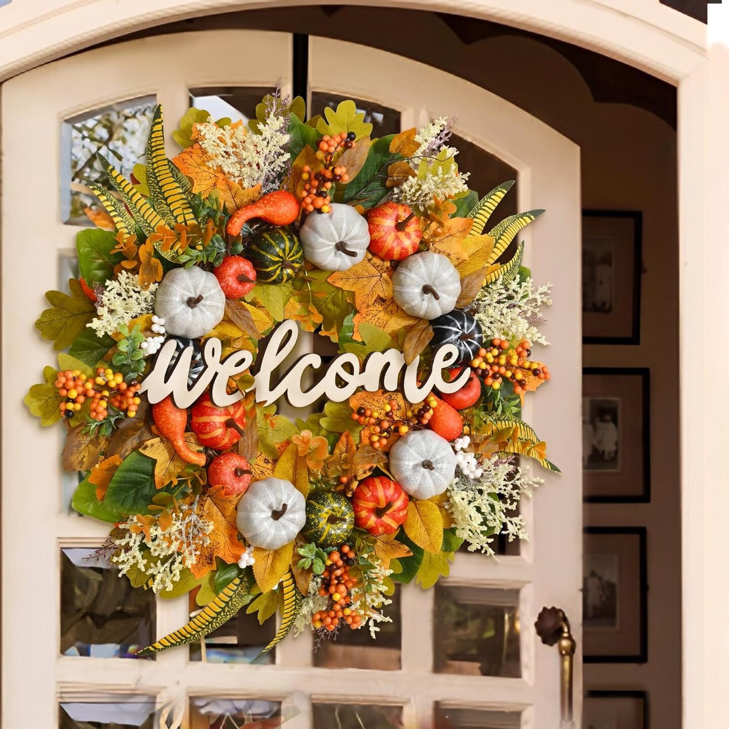 Fall Wreath - 21&#x22; Fall Wreaths for Front Door Outside, Lighted Colorful Pumpkin Silk Leaves, Realistic Autumn Wreath for Home Porch Front Door Thanksgiving Outdoor and Indoor Fall Decor