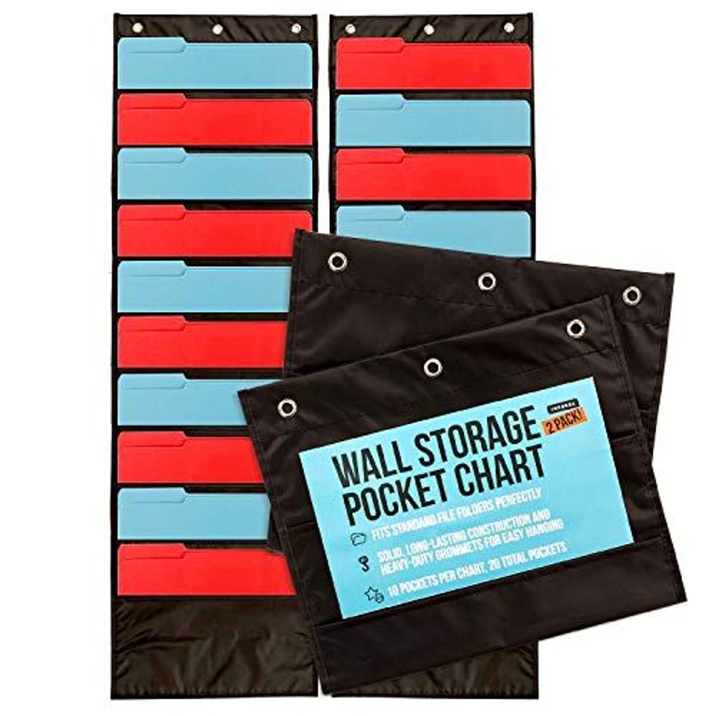 IMPRESA 2-Pack Premium Wall Storage Pocket Charts/Hanging Folder Organizers - Black, 10 Pockets Per Piece (20 Total Pockets) - The Ideal Pocket Chart for Classroom, School or Office Use