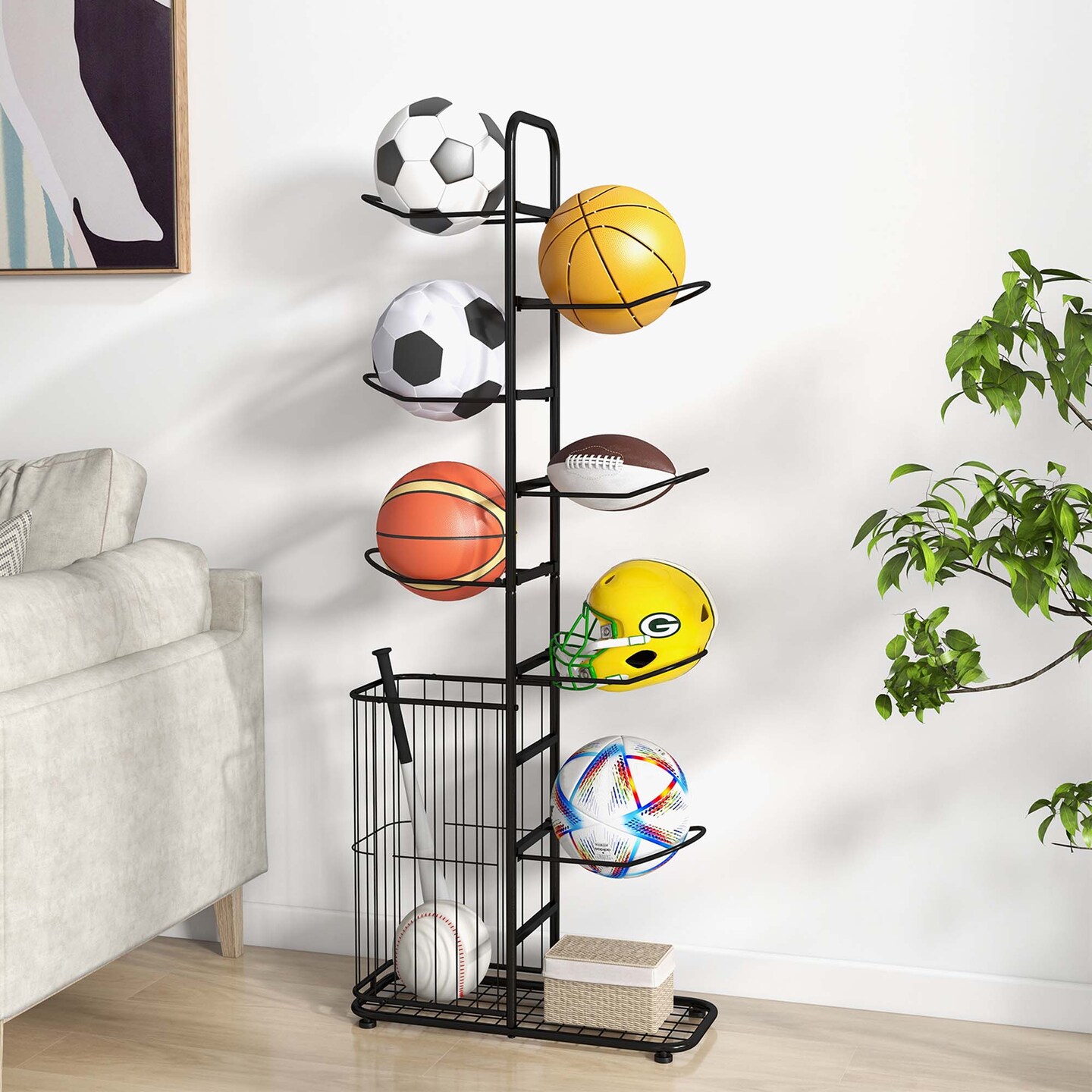 Costway 7-Tier Ball Storage Rack with 7 Removable Hanging Rods &#x26; Side Ball Basket Black
