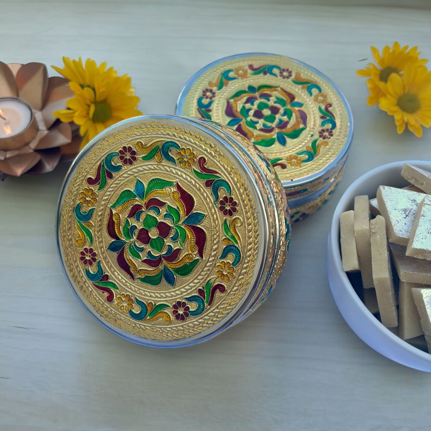 4 Ct Meenakari Stainless Steel Box Decorative Small Round Cookie Tin Indian Wedding Favor Container Dabba for Sweets Laddu Dryfruit Chocolate Multipurpose Storage Box - Housewarming Gift