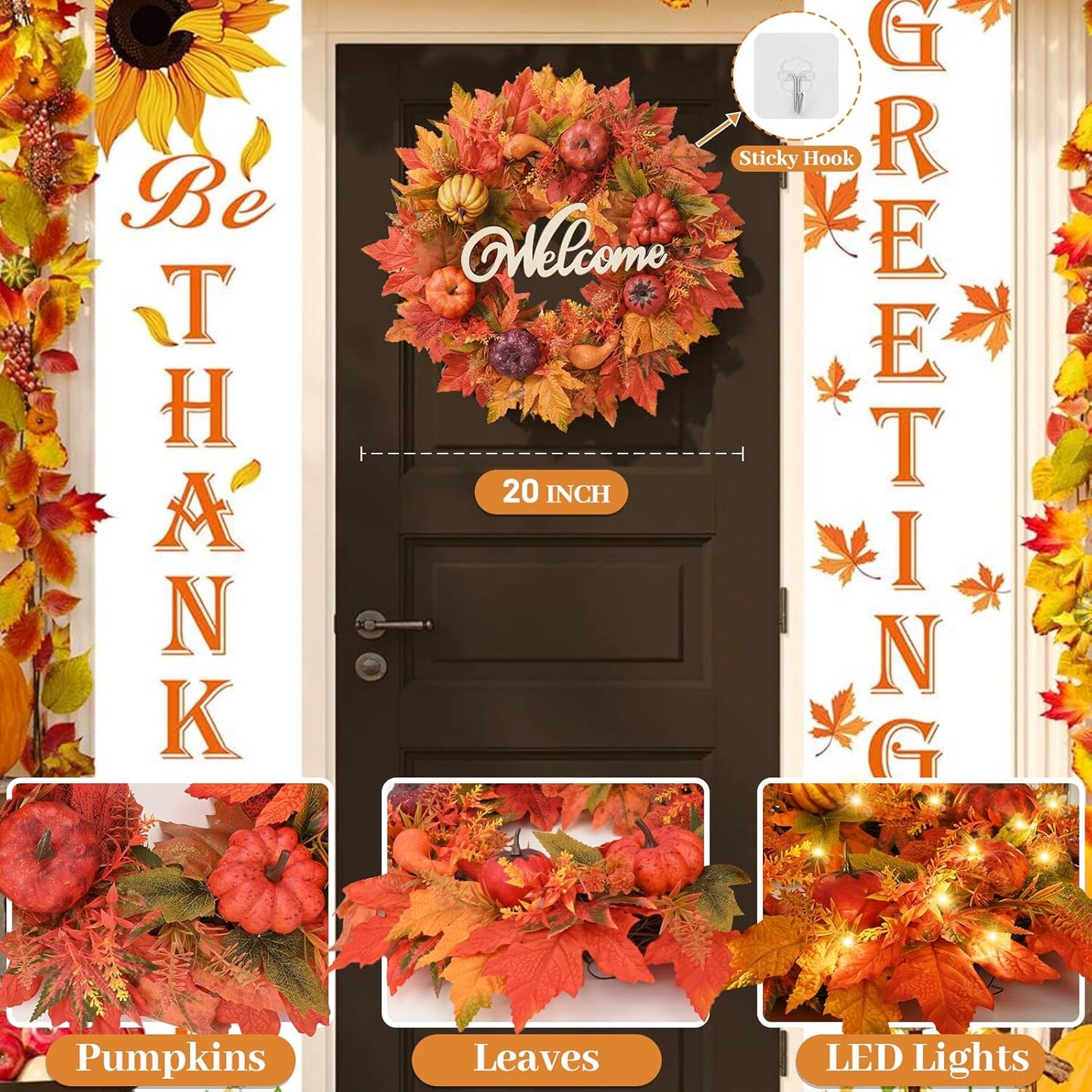 Fall Wreath - Decor Fall Wreaths for Front Doors, 20 Inch Handcrafted Autumn Wreath with Full Harvest Pumpkins and Maple Leaves, Fall Wreath Outdoor Indoor Decorations Thanksgiving Decor