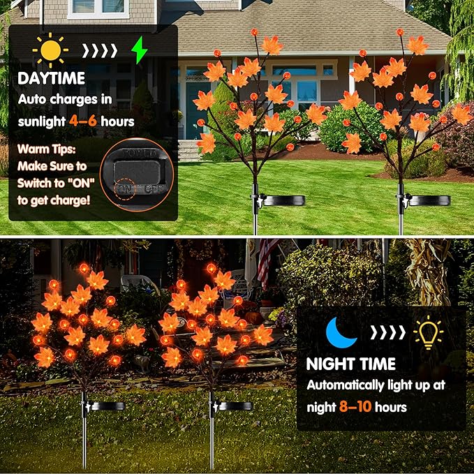 2 pack of solar outdoor lights for fall and Thanksgiving decorations. Outdoor Solar Lights with 3D Maple Pumpkin Lights, Two Modes Fall Thanksgiving Lights Outdoor Solar Lights Waterproof for Yard Decoration