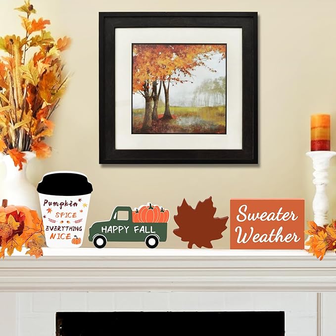 Fall Decorations for Home 4 Piece Wooden Coffee Cup Maple Leaf Car Sweater Weather Sign Farmhouse Table Tiered Tray Decor Thanksgiving Decoration