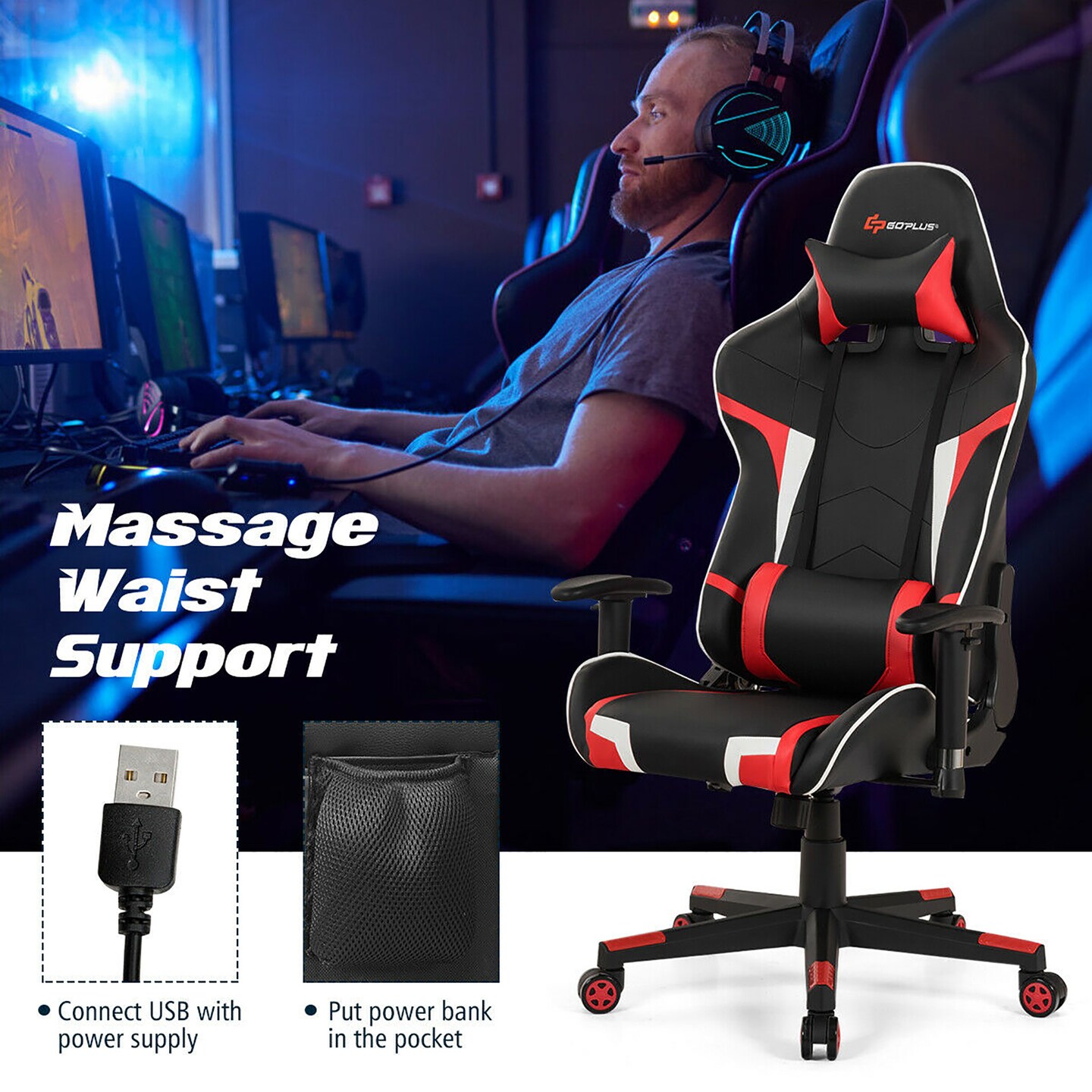 Goplus Massage Gaming Chair Reclining Swivel Racing Office Chair w/Lumbar Support White\Blue\Grey\Red
