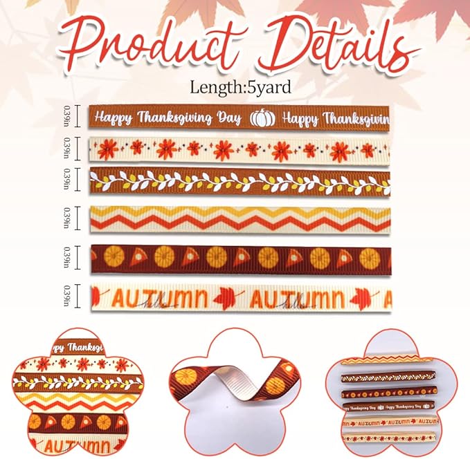 6 pieces of fall ribbon, 30 yards of orange ribbon, and 3/8&#x22; wide pumpkin grosgrain ribbons Thanksgiving Maple Leaf Ribbons Flower Gift Wrapping Ribbons for Thanksgiving Fall Harvest Party Decorations