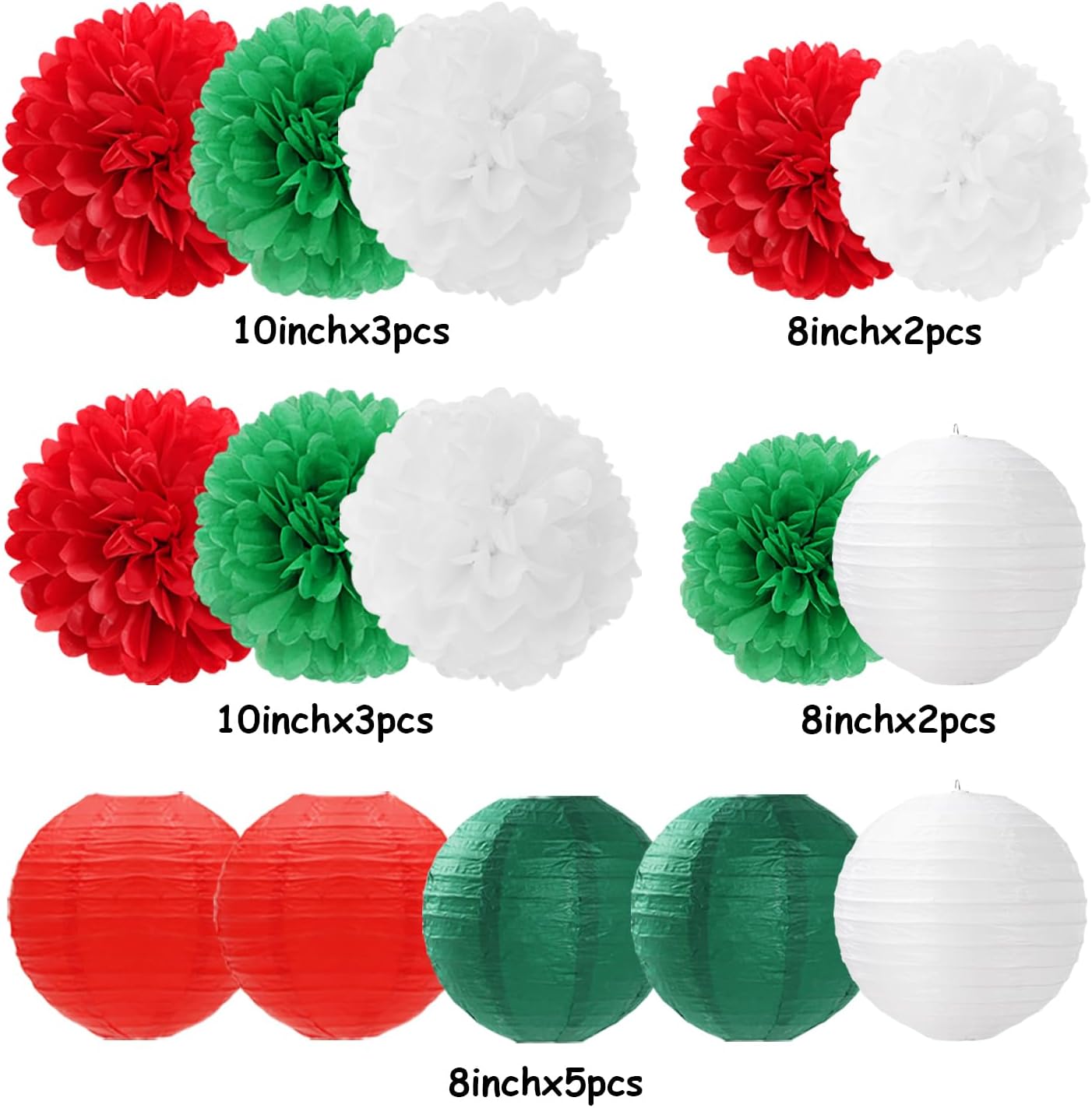 Red-Green White Party-Decorations Christmas Flowers Lanterns - 15PCS Italian Mexican Independence Day Paper Tissue Pom Poms Streamers,Mexico Italy Birthday Baby Shower Wedding Hanging Decor