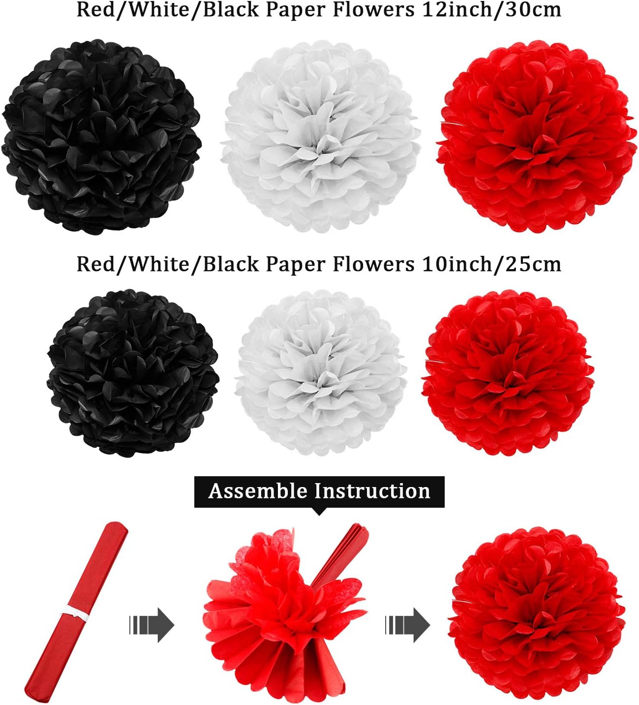 29 Pcs Red and Black Decorations Mouse Paper Decoration Fan Pom Pom Honeycomb Flower Tissue Tassel Garland Theme Party Supplies for Graduation Birthday(White, Red, Black)