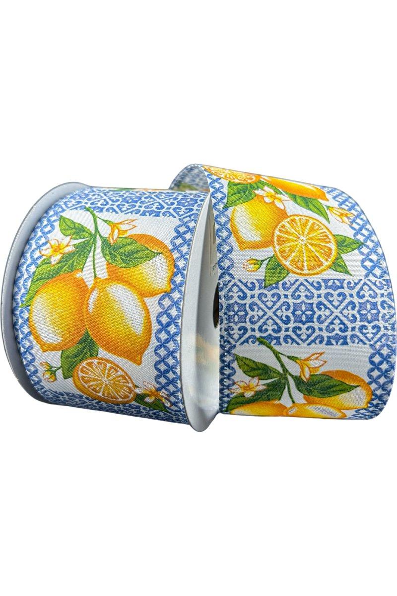 2.5&#x22; Blue Tile Squares Lemon Ribbon (10 Yards)