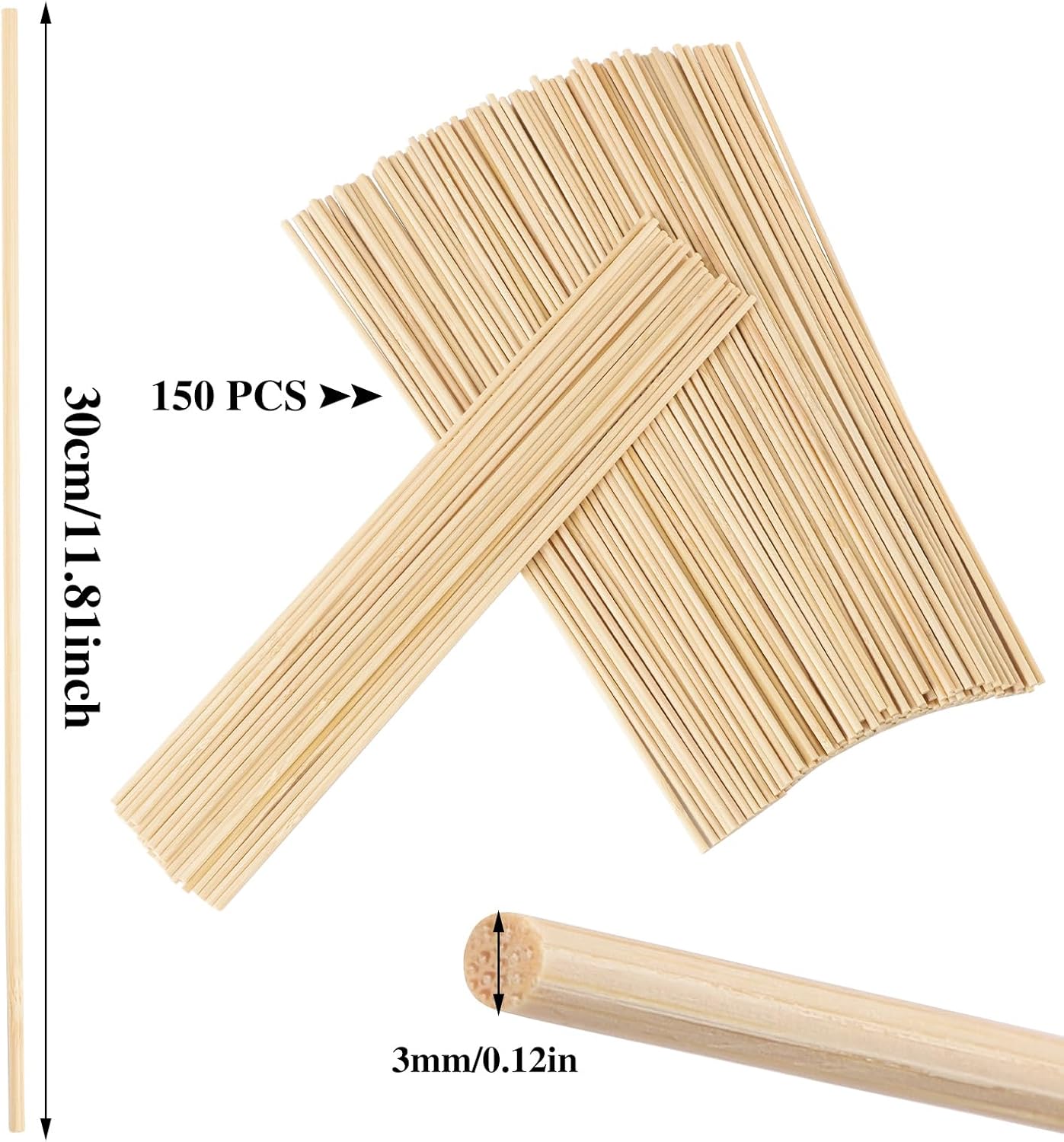 150 Pcs Dowel Rods, 1/8 x 12 Inch Wooden Dowels Craft Wood Sticks Unfinished Natural Bamboo Sticks for Flower Bouquet Crafts and DIYers