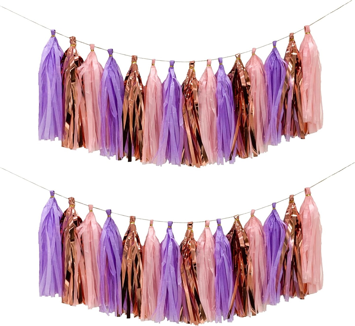 Pink Purple Rose Gold Tissue Paper Tassel Garland,Tissue Tassel Banner for Party Decorations,Pack of 15
