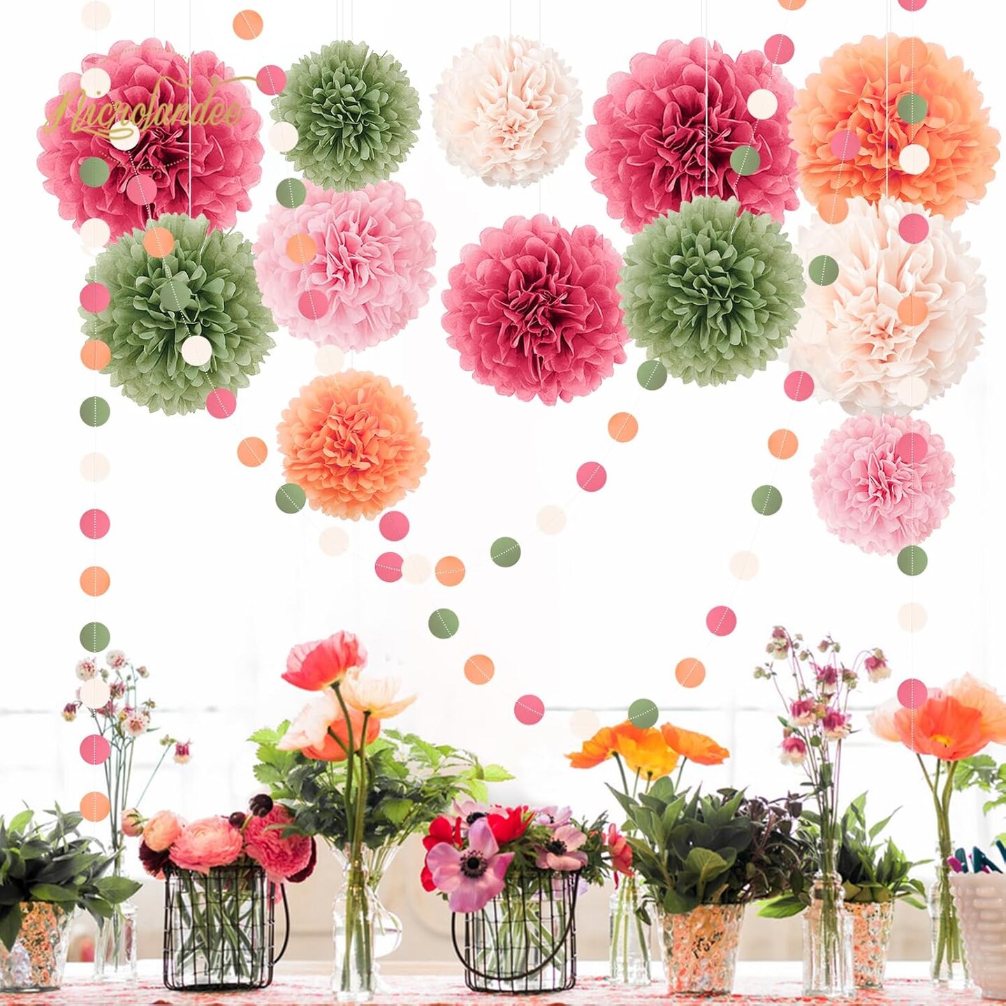 Wedding Party Decorations - 15Pcs Pink, Sage Green, Ivory Tissue Paper Pom Pom for Birthday Pastel Decorations, Engagement Baby/Bridal Shower Anniversary Valentine Dot Paper Backdrop Decor