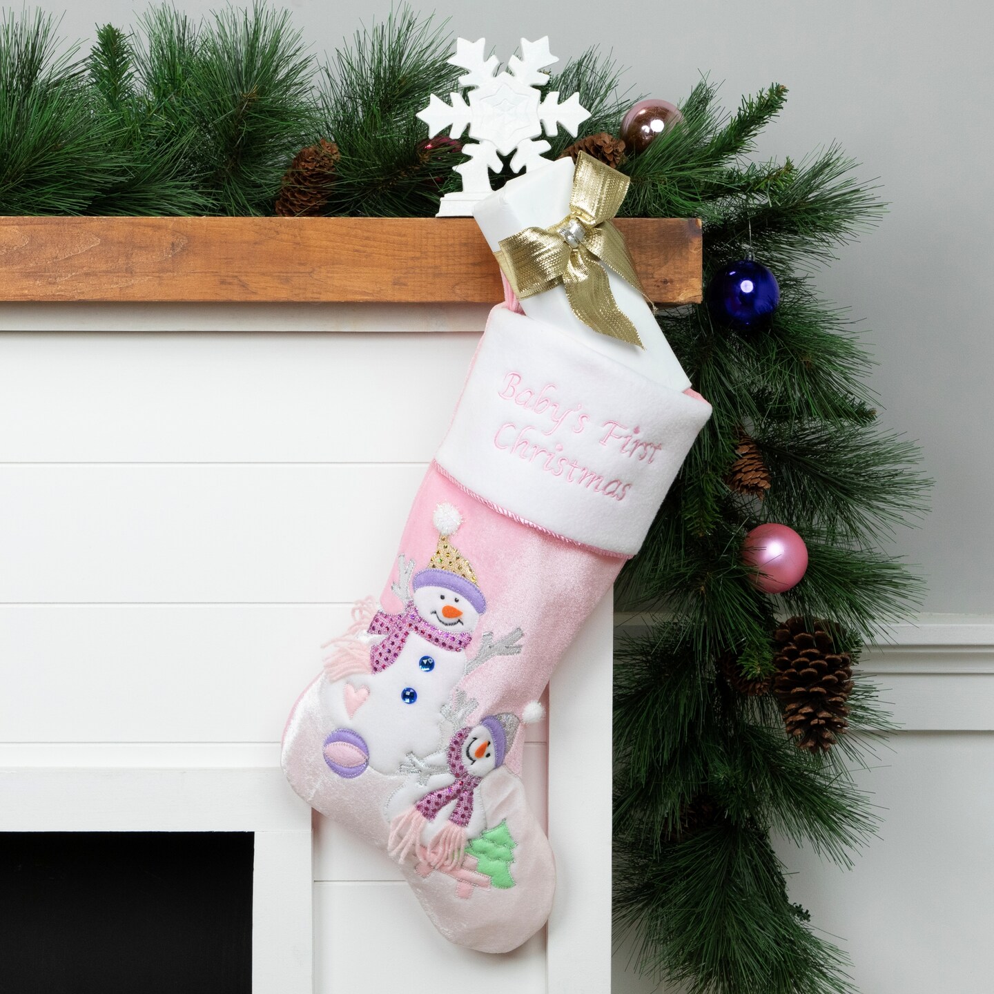 Northlight 21&#x22; Light Pink Baby&#x27;s First Christmas Velveteen Snowmen Christmas Stocking
