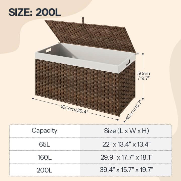 Brown Rattan Storage Basket 200L Large Woven Laundry Bin with Lid Handles
