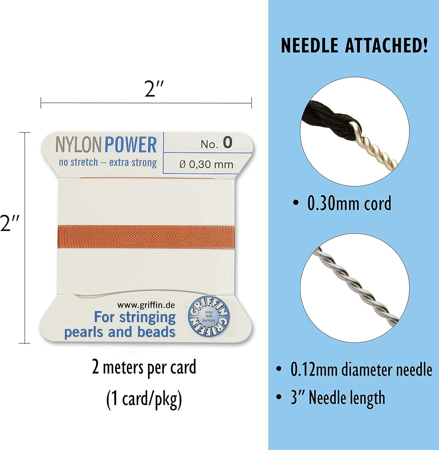 Griffin Nylon Bead Cord Perlseide – Size 0 (0.30mm) – 2 Meters per Card – Stainless Steel Needle Attached – for Knotting Pearls, Gemstones, Crystals and Beads
