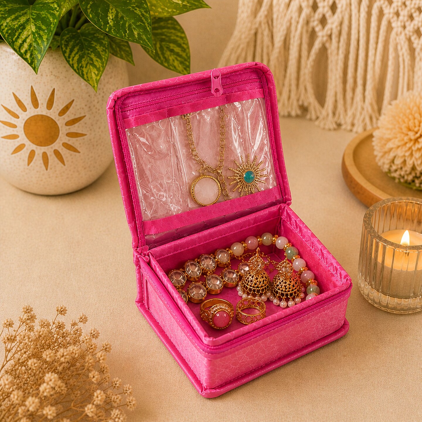 Flower Print Indian Jewelry Box Satin Pouches Jewellery Traveling