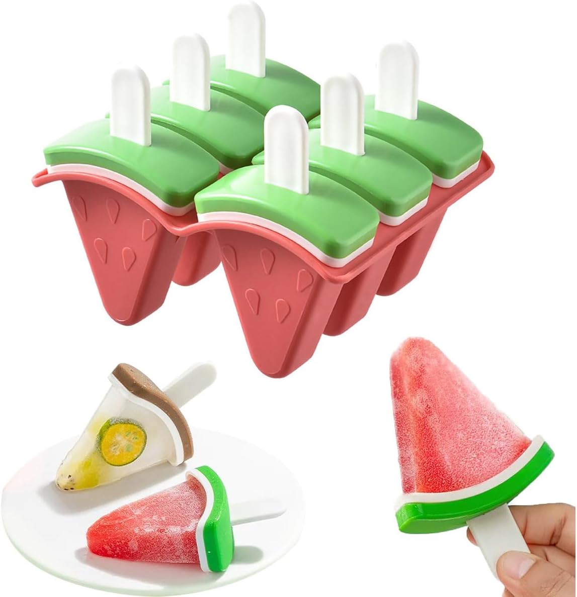 Watermelon Shape Popsicle Molds – 6-Cavity Ice Pop Maker with Sticks, Plastic DIY Ice Cream Molds, Fun Summer Treats (Red)