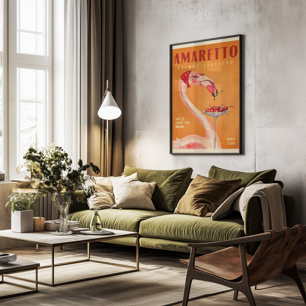 Amaretto Flamingo Art Deco Italian Cafe Travel Art - The Whiskey Ginger 24x36 Black Framed Art | Home or Office Art