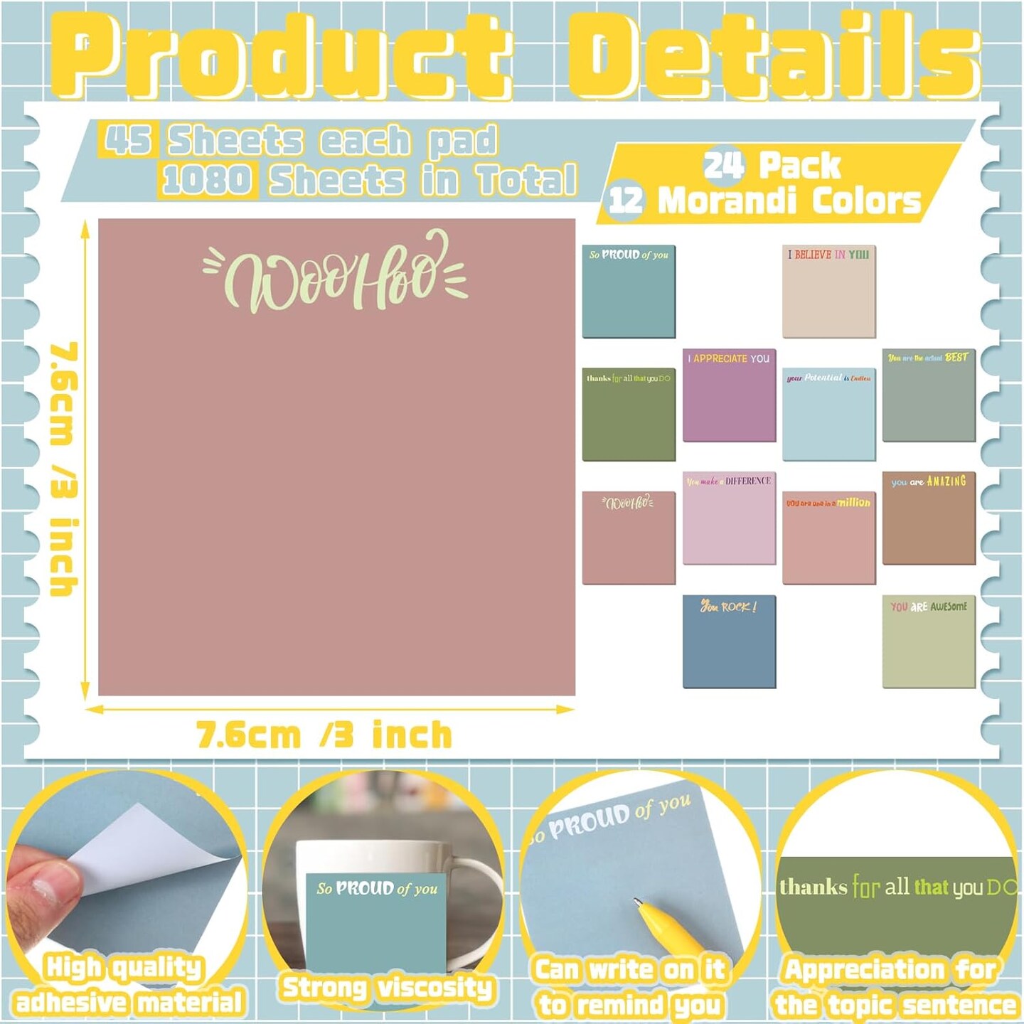 24 Pcs Inspirational Sticky Notes with Lines Cute Motivational Sticky Notes Pad Employee Appreciation Gifts Bulk for Teacher Nurse Coworkers Office Supplies 3 x 3''(Morandi Color,Thank You)