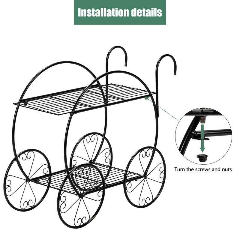2-Tier Metal Garden Cart Plant Stand with Handle