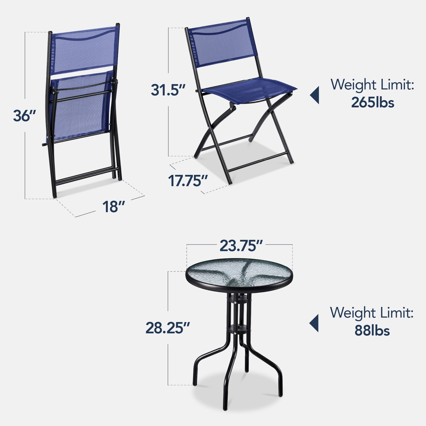 Best Choice Products 3-Piece Patio Bistro Dining Furniture Set w/ Round Textured Glass Tabletop, Folding Chairs