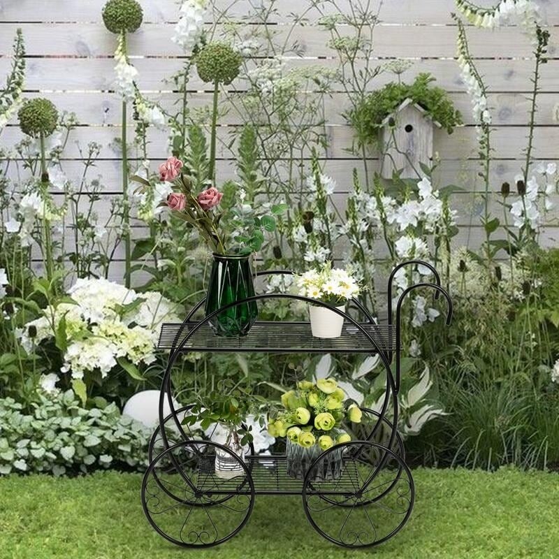 2-Tier Metal Garden Cart Plant Stand with Handle