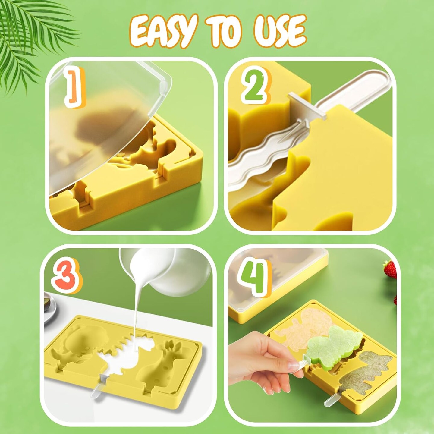 Popsicles Molds,2PCS Silicone Dinosaur Popsicle Molds,Homemade Ice Pop Molds Maker For Kids,Ice Cream Mold with Lids &#x26; Reusable Sticks