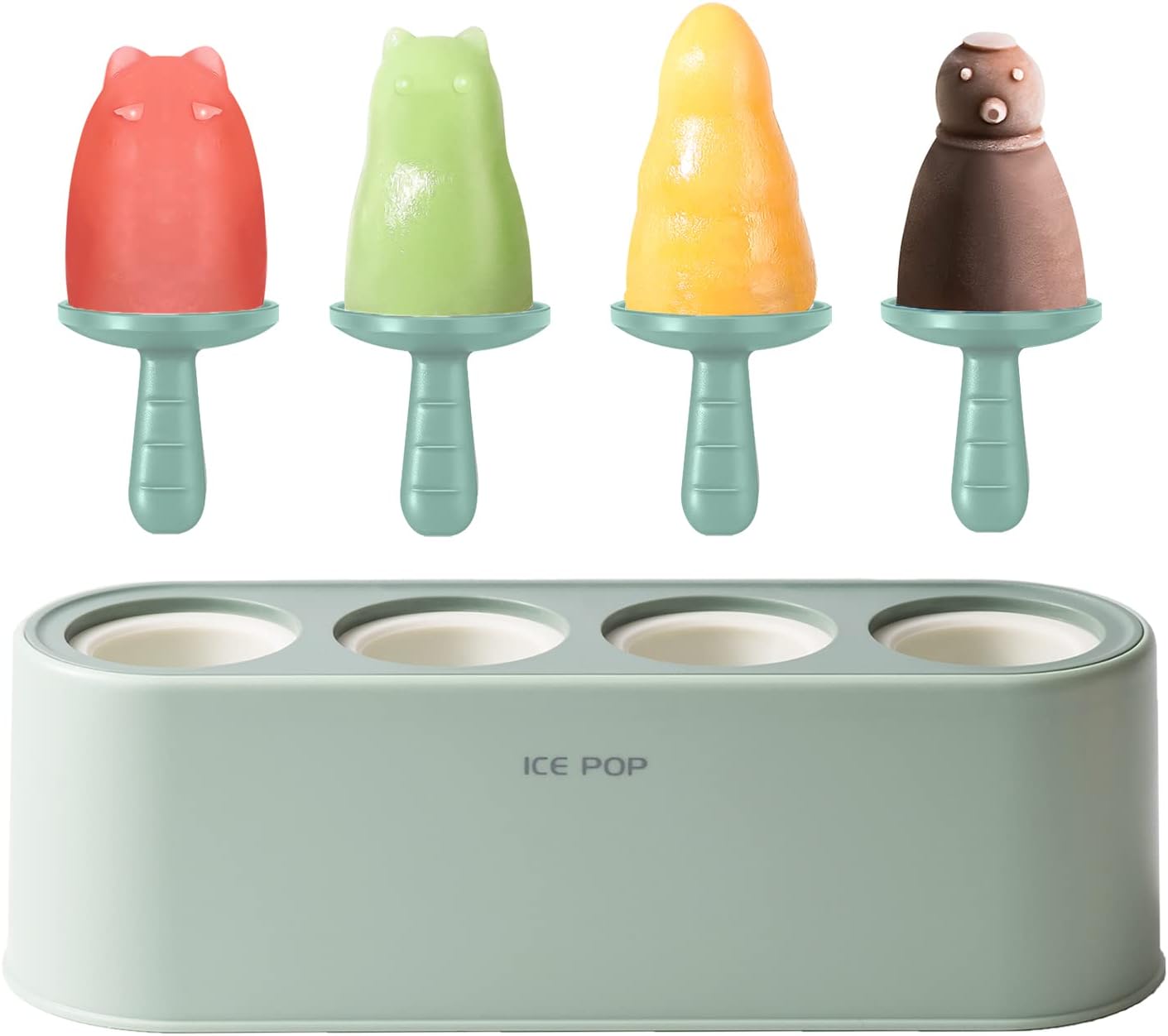 4-Piece Silicone Popsicle Mold Set – DIY Ice Cream & Frozen Treats with Easy-Release, Drip Tray & Reusable Sticks (Green, WinterWonder Pops)