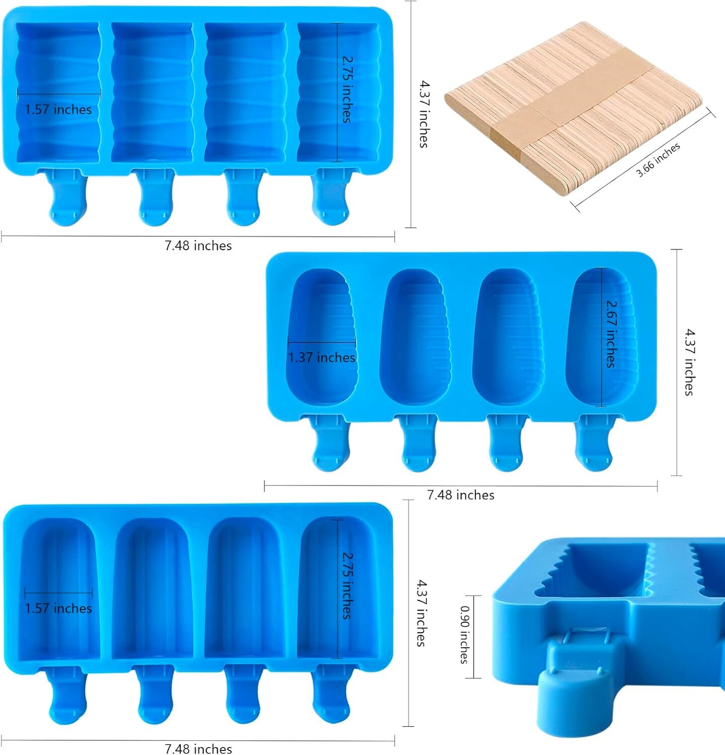 Popsicle Molds Set of 3,Ice Pop Molds Silicone 4 Cavities Ice Cream Oval Cake Pop Mold,with 50 Wooden Sticks for DIY Popsicle,Cake Pop, Ice Pop, Cakesicles(blue)