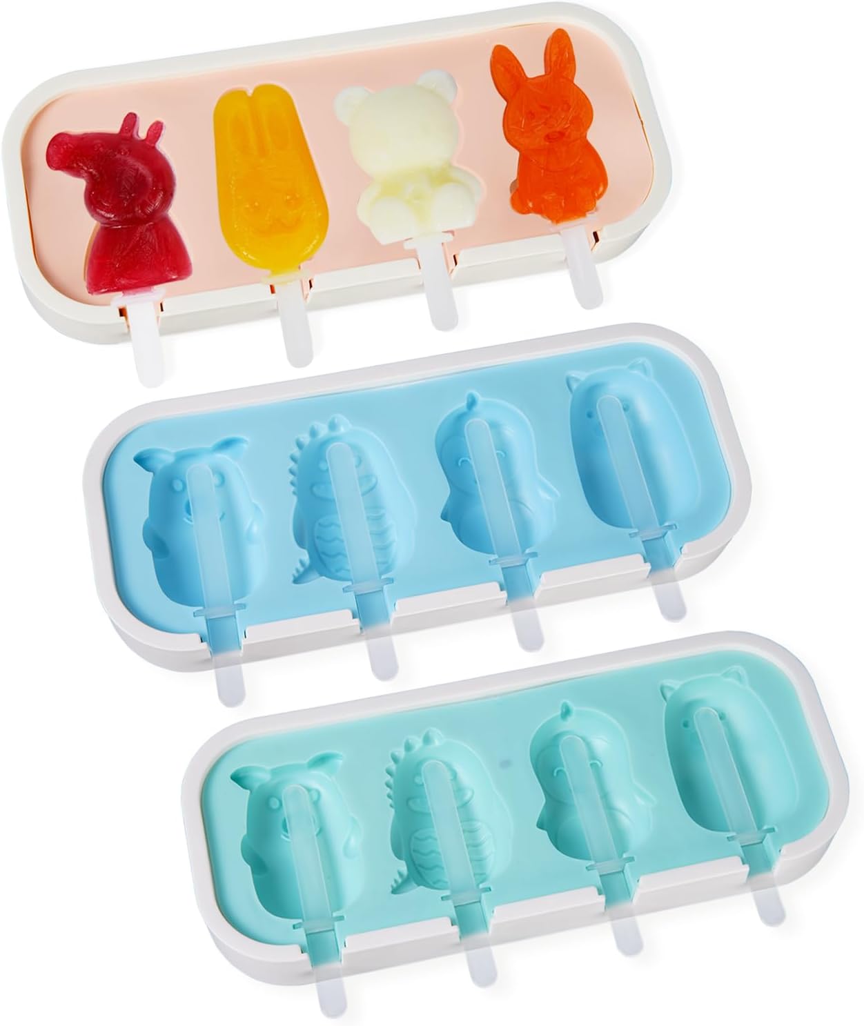 Popsicles Molds 3 Pack, Mini Popsicle Molds for Kids Baby Cute Shapes Silicone Popsicle Molds BPA Free Reusable Ice Cream Mold Popsicle Maker Homemade DIY Set (Animals&#x26;Cartoon*2)