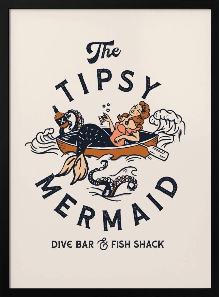 Tipsy Mermaid Dive Bar Mermaid Art - The Whiskey Ginger 24x36 Black Framed Art | Home or Office Art