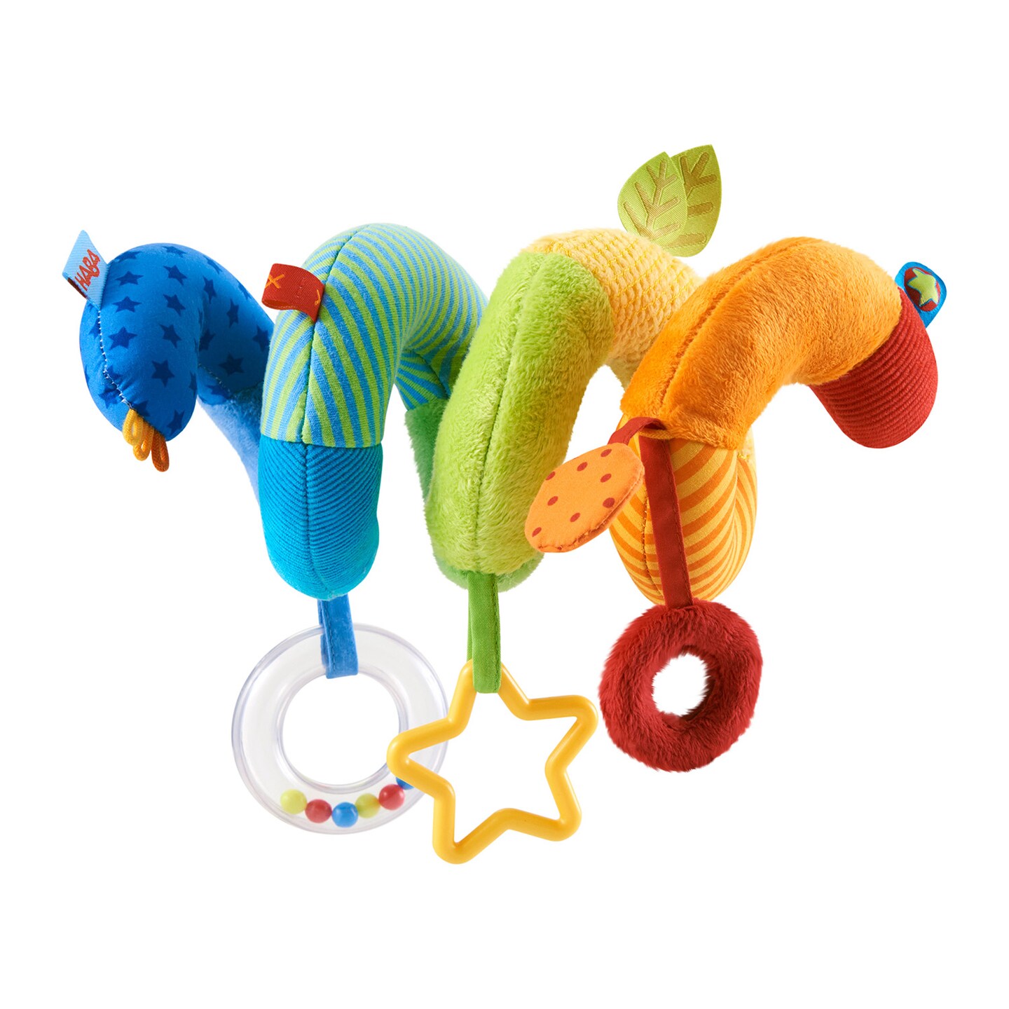 HABA Rainbow Activity Spiral - Plush Baby Toy for Car Seat or Stroller with Dangling Elements