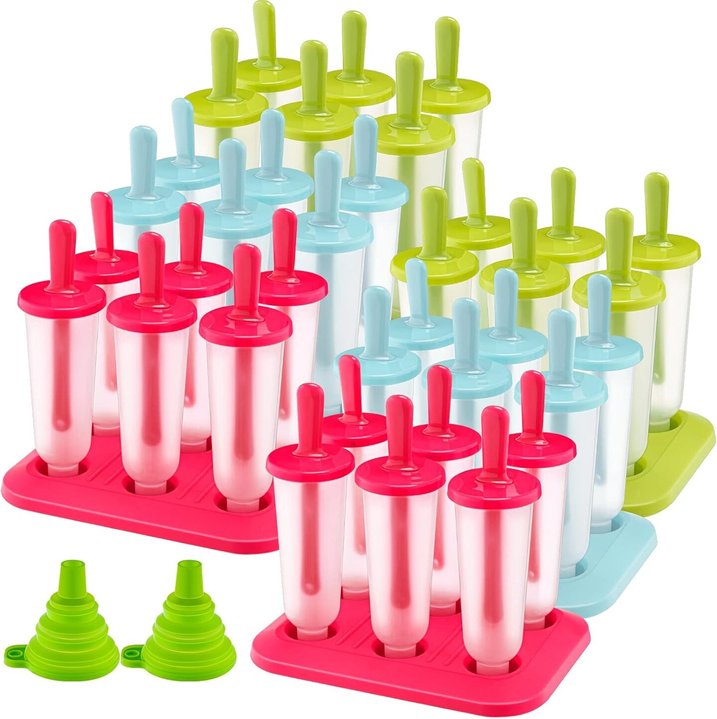 6 Sets 36 Pcs Ice Cream Mold, BPA Free Kids Food Grade Reusable Plastic Ice Cream Tray Holder with Sticks, Easy Release Ice Pop Maker with Funnel and Brush, 3 Colors for DIY Freezer Homemade