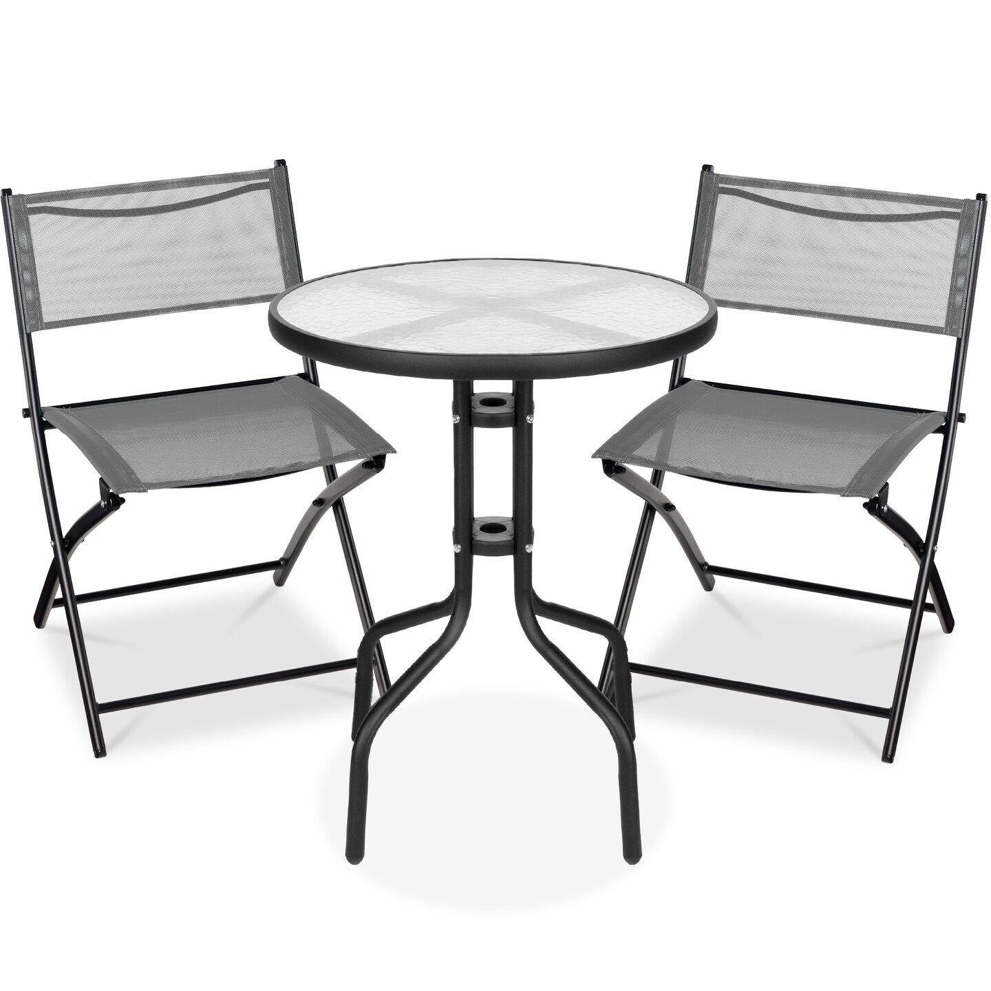 Best Choice Products 3-Piece Patio Bistro Dining Furniture Set w/ Round Textured Glass Tabletop, Folding Chairs