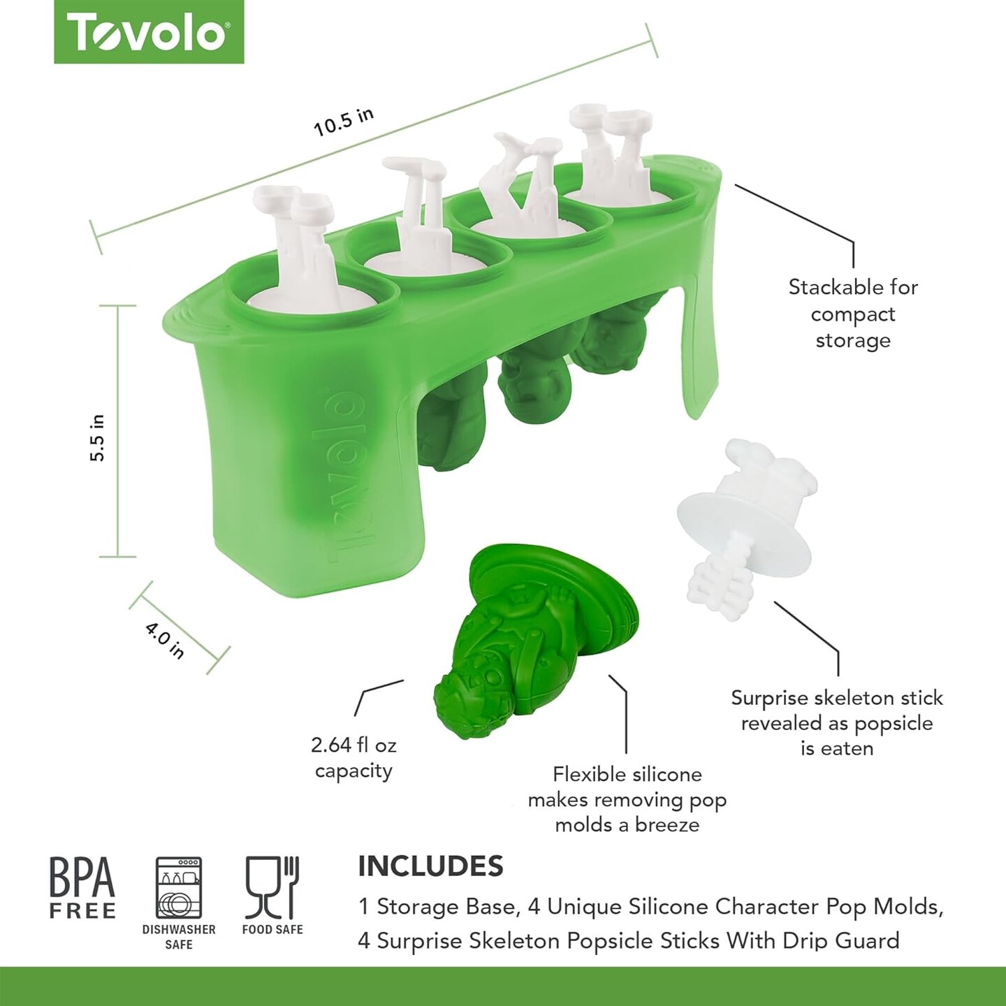 Zombie Popsicle Molds (Set of 4) - Mess-Free Silicone Ice Pops with Reusable Sticks for Freezer Snacks / Dishwasher-Safe & BPA-Free,Green/White