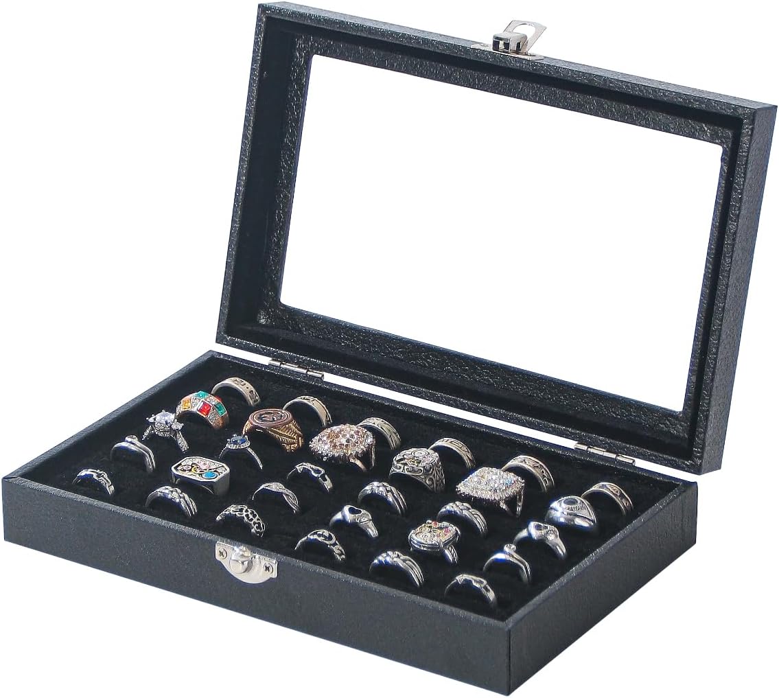 Rings Organizer Tray, Velvet Jewelry Ring Storage Box with Transparent lid Jewelry Ring Box,Jewelry Display Case
