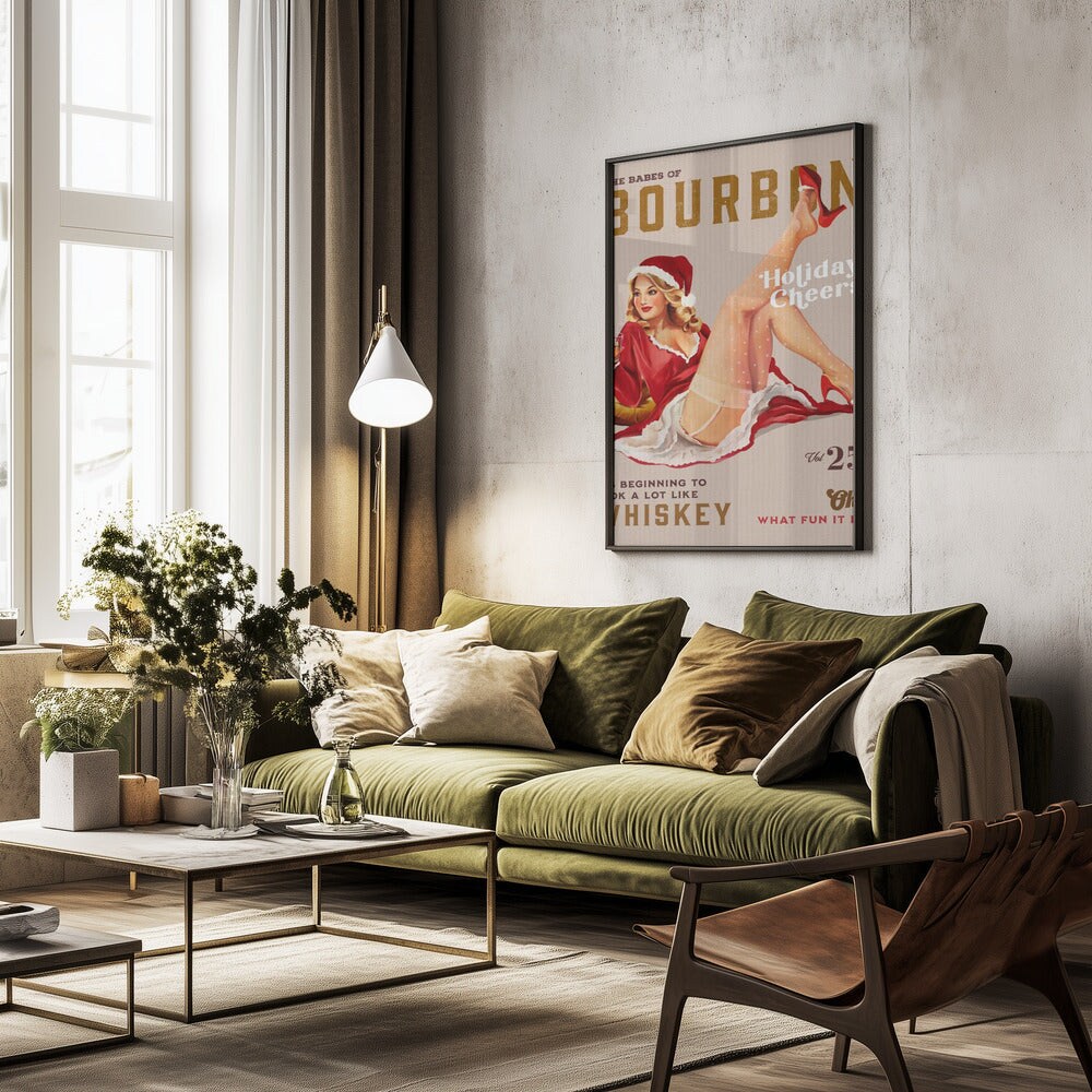 Babes of Bourbon Vol 25 Holiday Cheer Christmas Pinup - The Whiskey Ginger 24x36 Black Framed Art | Home or Office Art