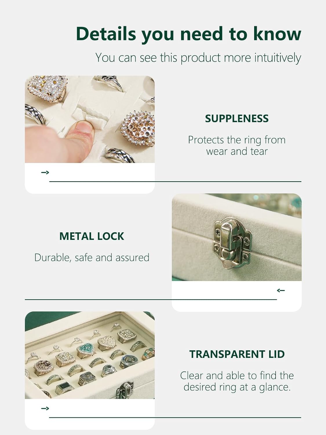 Ring Holder Organizer Box,Jewelry Ring Display Case, Earring Necklace Storage Tray With Top Glass Lid