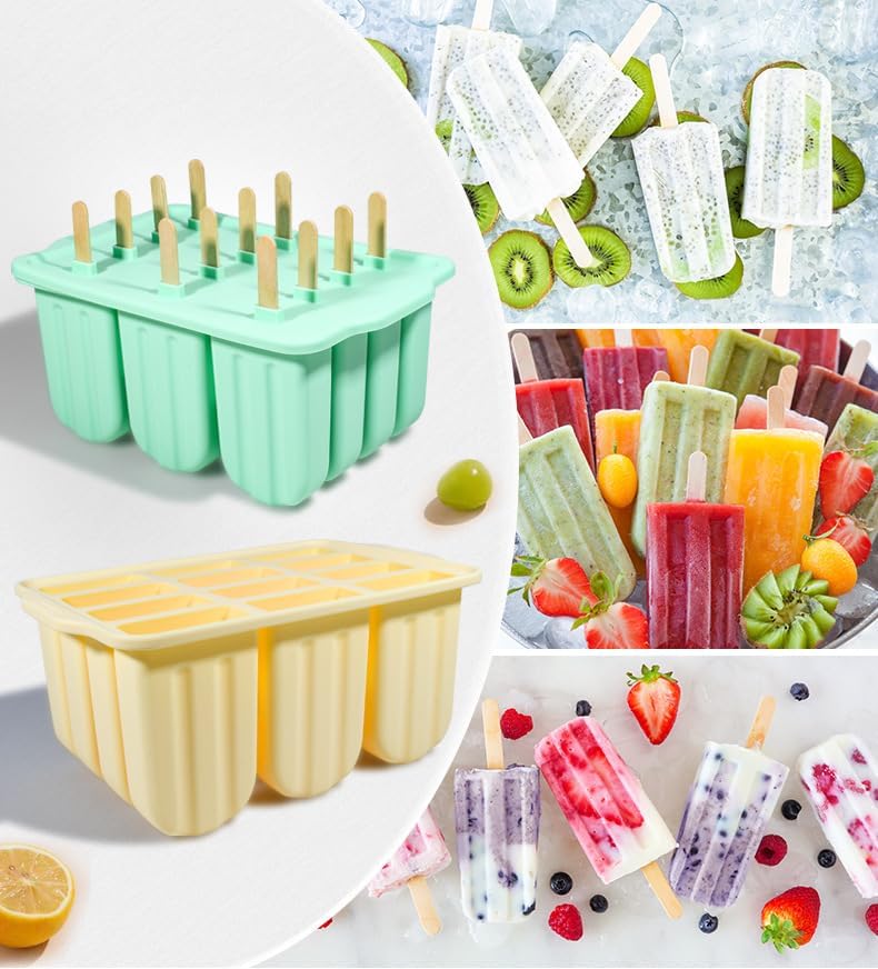 Silicone Popsicles Molds 12 Pieces, Popsicle Holders for Kids with 50 Wooden Sticks Cake Pop Molds, Ice Pop Mold BPA Free Easy Release,Ice Pop Molds Popsicle Molds for Toddlers
