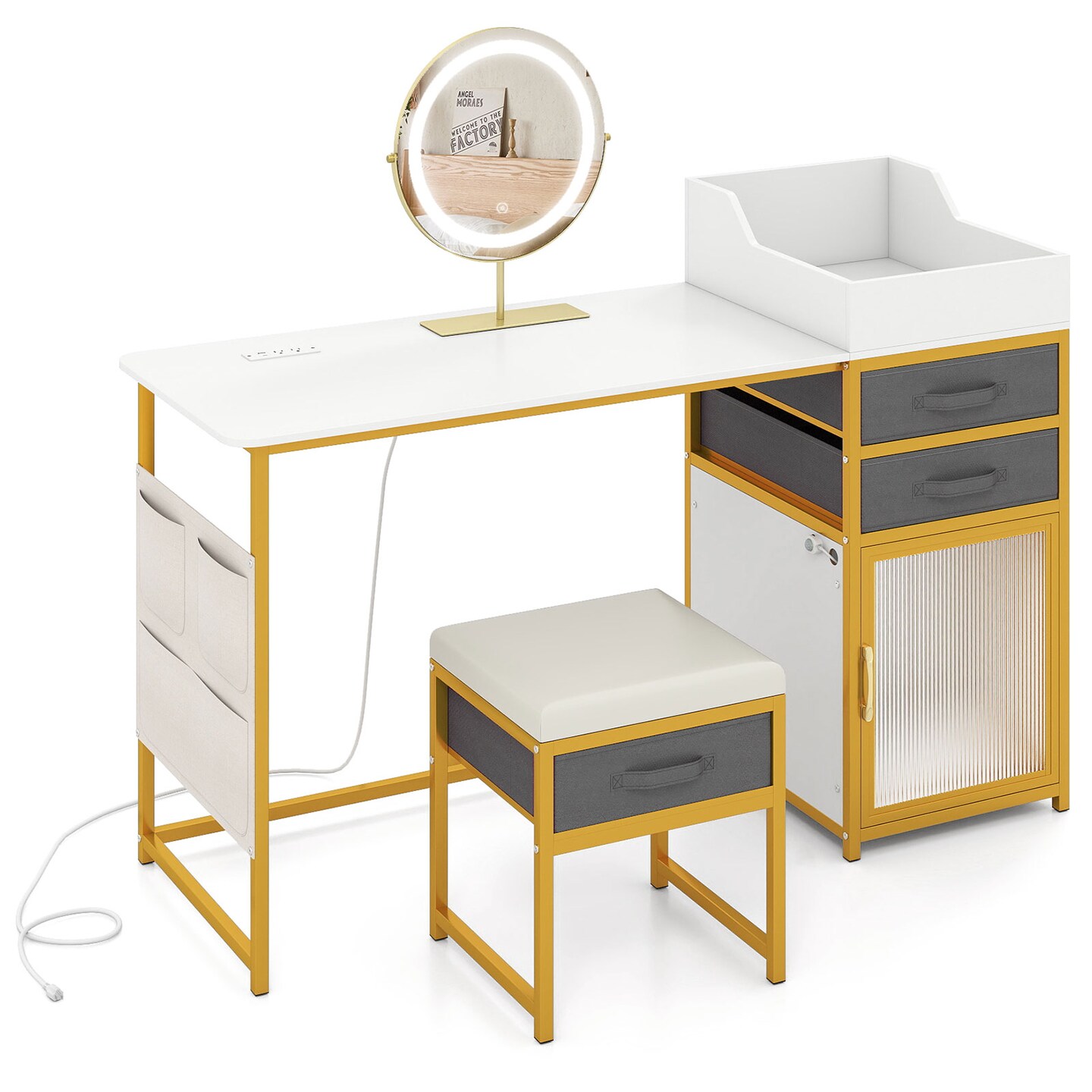 White Gold Grey Vanity Table LED Rotating Mirror Charging Station Fabric Drawers