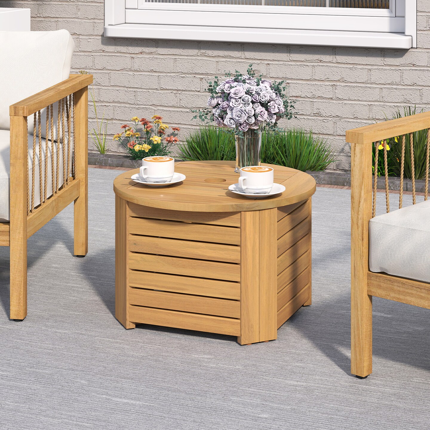 Acacia Wood Slatted End Table 2-in-1 Outdoor Coffee Table with Built-In Storage