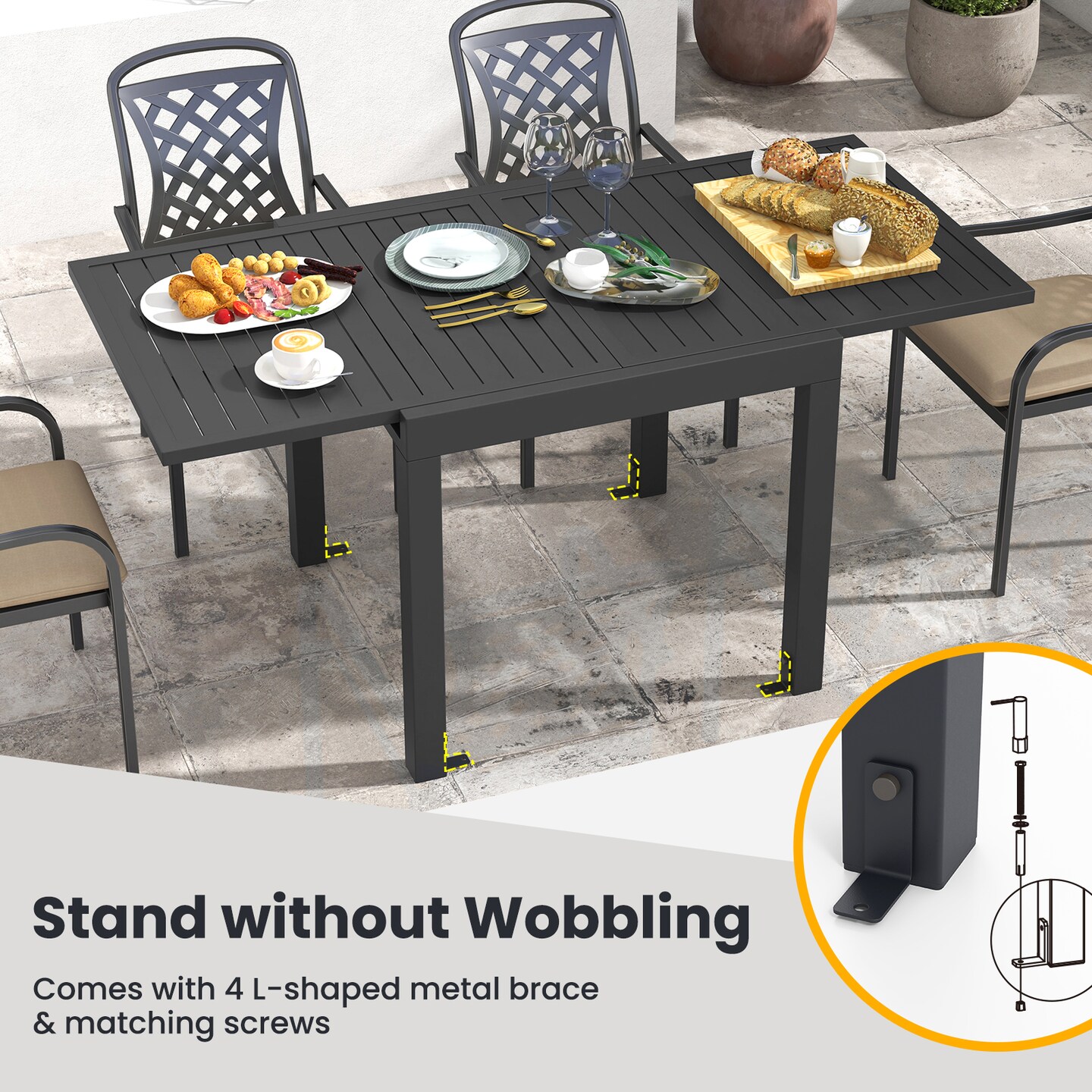 Rectangular Aluminum Patio Table with Stackable Slatted Chairs Set