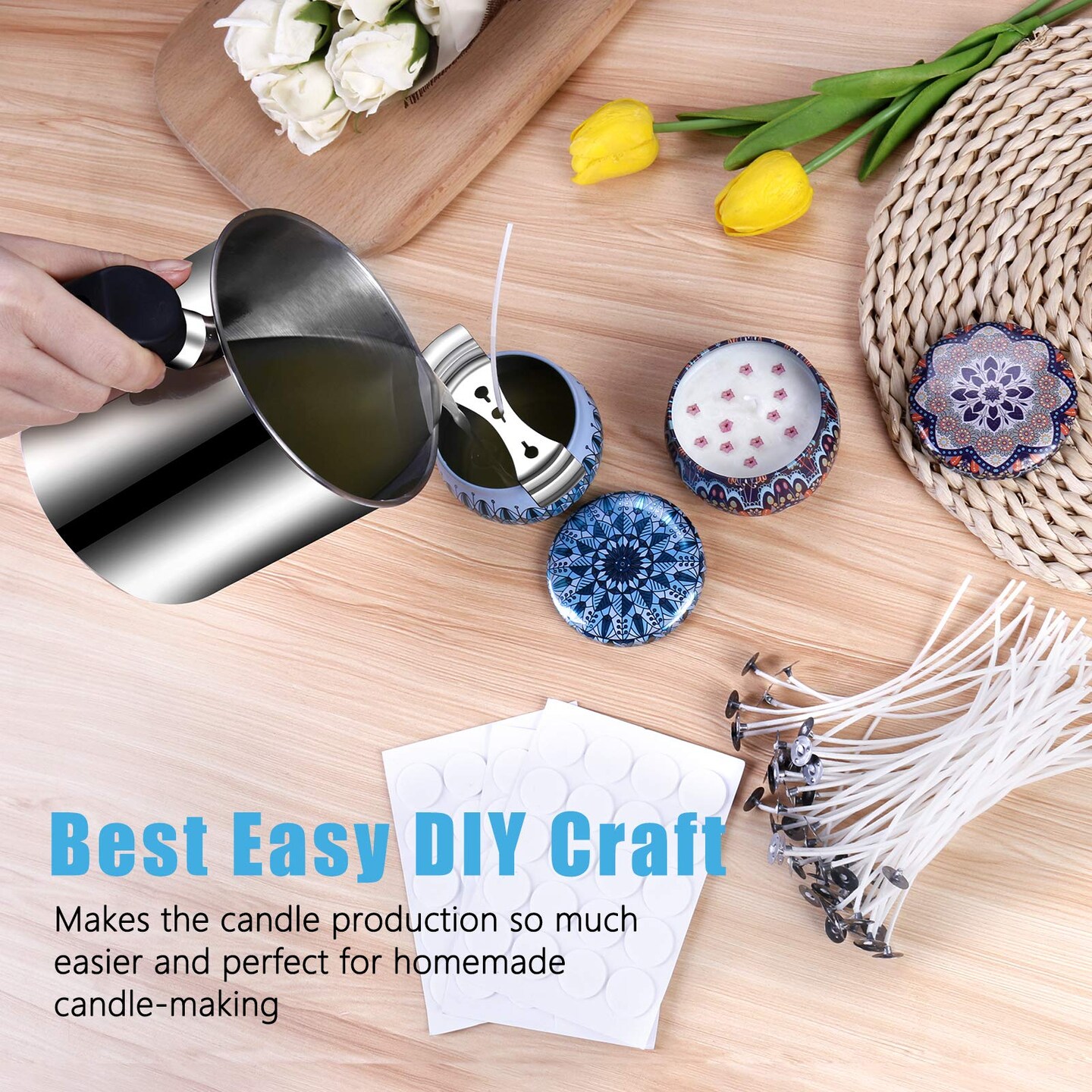 Candle Making Supplies, Complete Soy Candle Making Set Including Candle Make Pouring Pot, Candle Wicks, Wicks Sticker, 3-Hole Candle Wicks Holder, Natural Soy Wax and Spoon