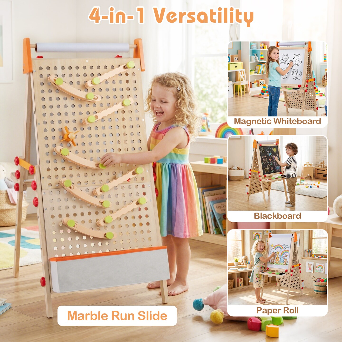 Fold-able 4-in-1 Kids Art Easel with Double Sides, Paper Roll, and Tray