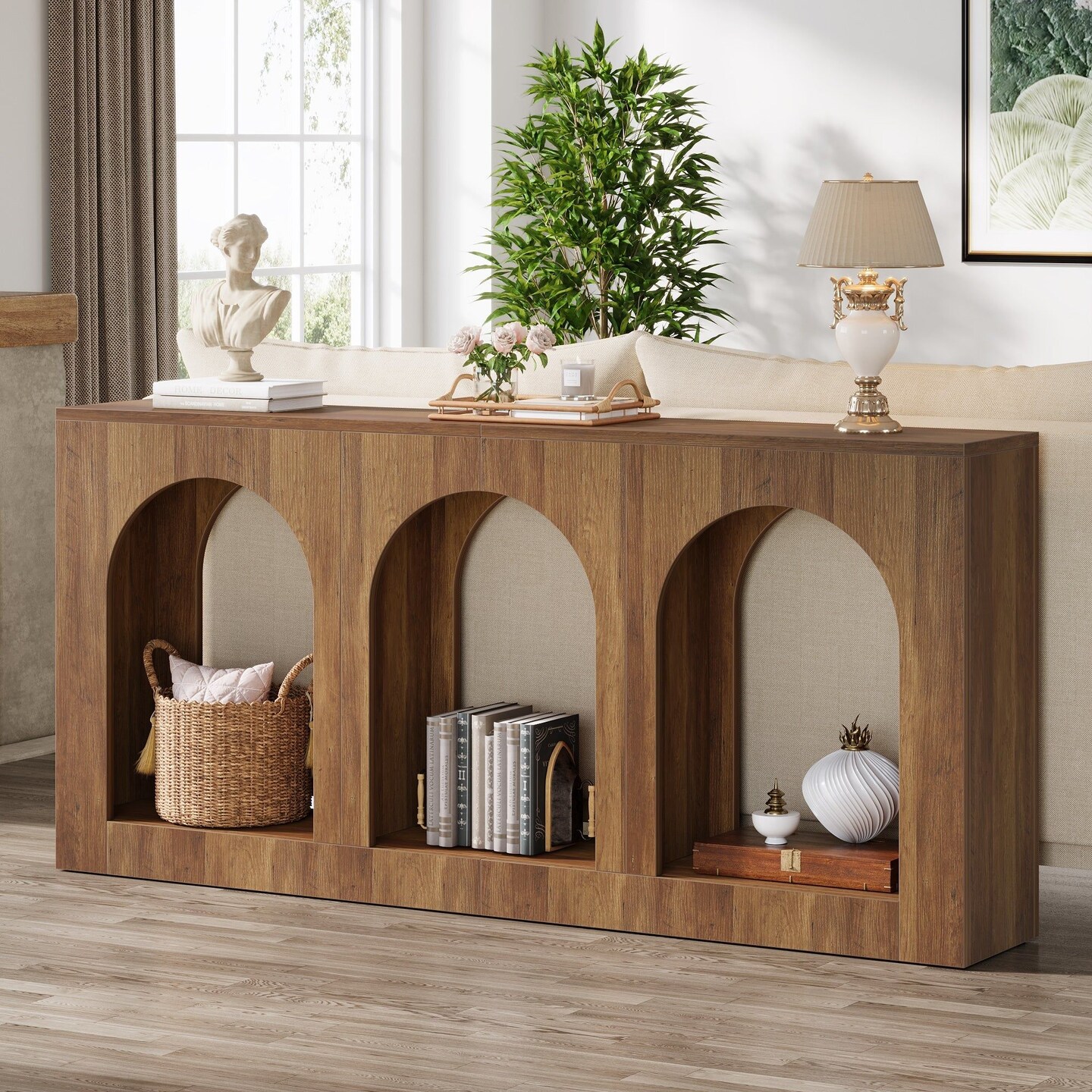 70.8" Arched Wood Sofa Table 3 Tier Entryway Console with Open Shelves