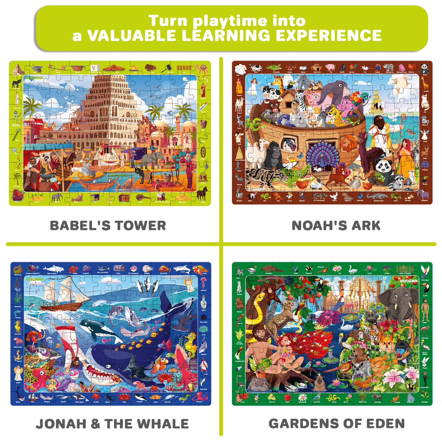 QUOKKA 60 Piece Kids Puzzles Ages 5-8 - Set of 4 Bible Jigsaw Puzzles for Kids 4-6-10 Year Old - Tower of Babel | Noah&#x60;s Ark | Eden Toys for Children 5-7 yo - Christian Gifts for Boys &#x26; Girls