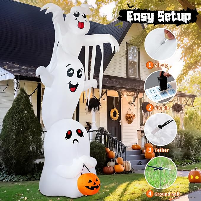 GOOSH 9.8 FT High Halloween Inflatable Overlap Ghost with Built-in LEDs (Three Ghosts)