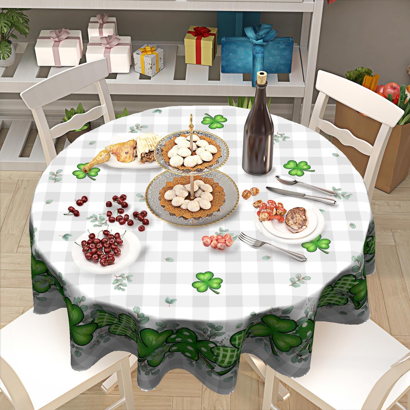 St. Patrick's Day Tablecloth 60x60 Inch Round Buffalo Plaid Shamrock Eucalyptus Table Cloths Spring Irish Dust-Proof Spill Proof Table Covers for Farmhouse Holiday Party Dining Kitchen Tabletop Decor