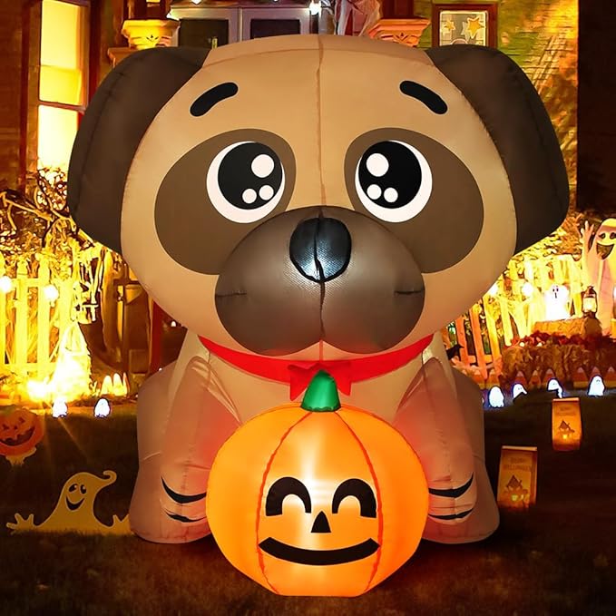 GOOSH 4 FT Halloween Inflatables Dog Pug Holding Pumpkin with Built-in LEDs